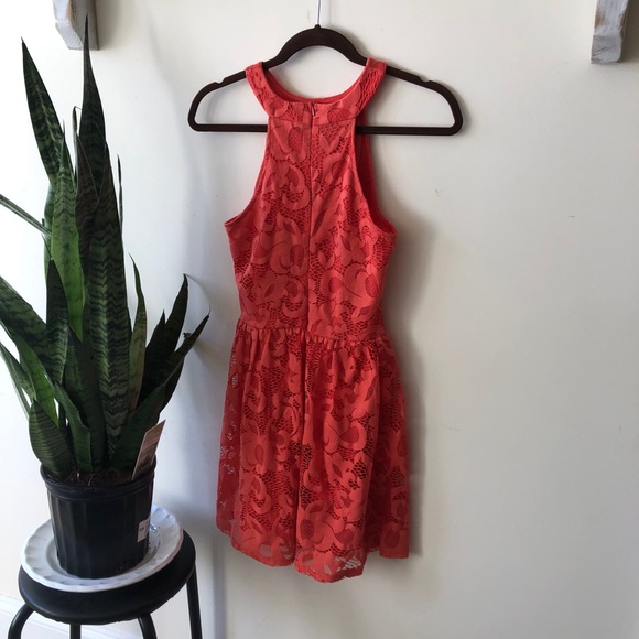 Lulu’s Coral Halter Neck Lace Dress - Picture 2 of 4